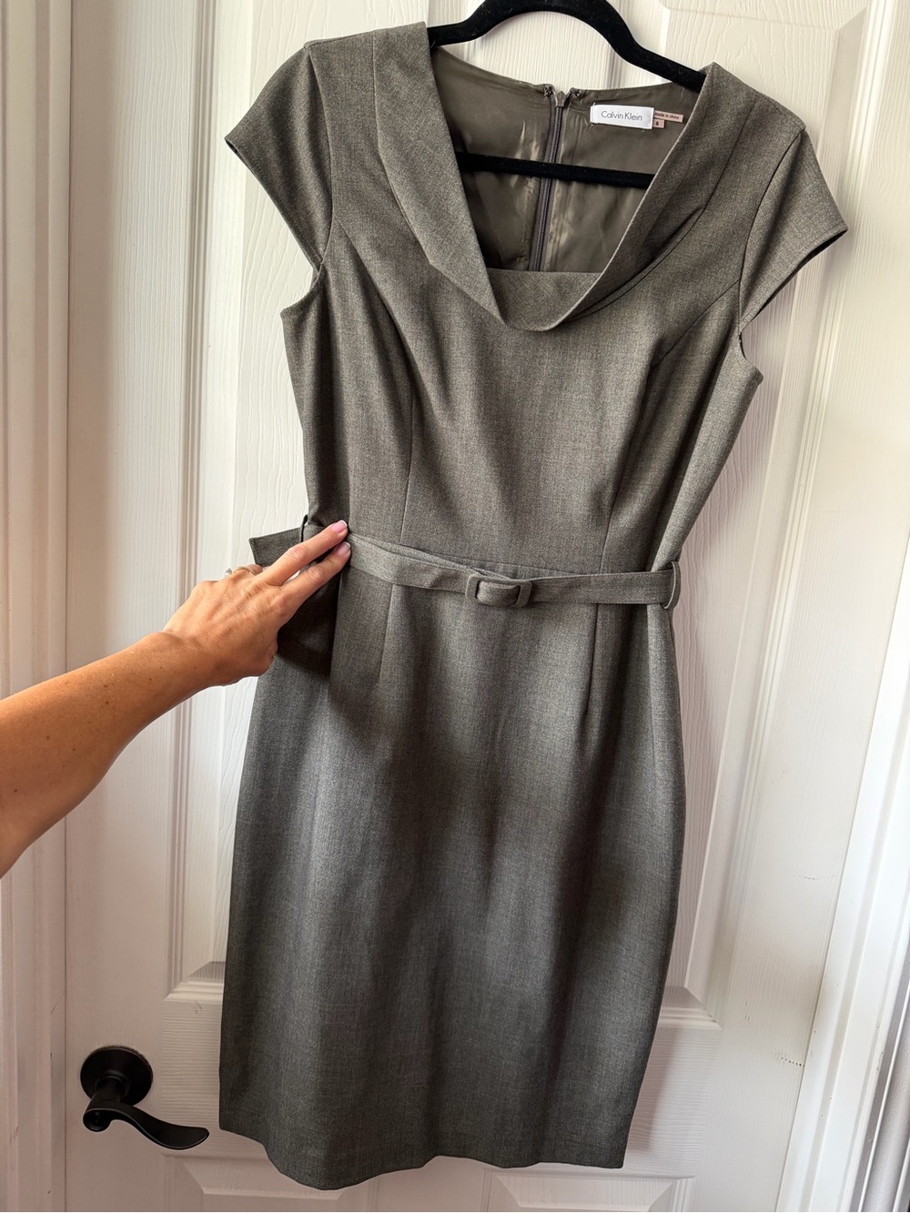 Calvin Klein Gray Cap-Sleeve Sheath Dress with Self-Belt